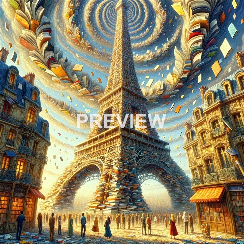 A surreal depiction of the Eiffel Tower constructed from a large stack of books, with swirling, floating pages in the sky and people gathered at its base in a cityscape setting.